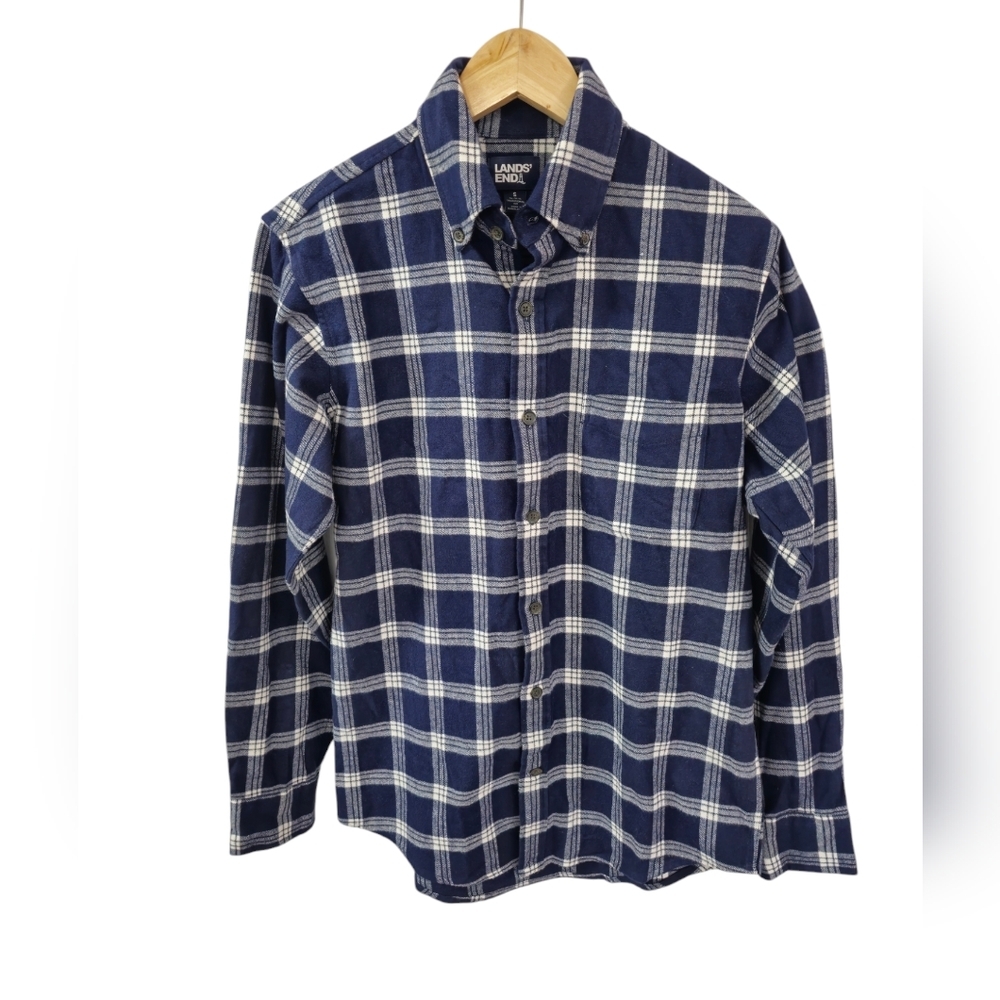Lands' End Men's Blue White Plaid Flannel Cotton Shirt Size Small